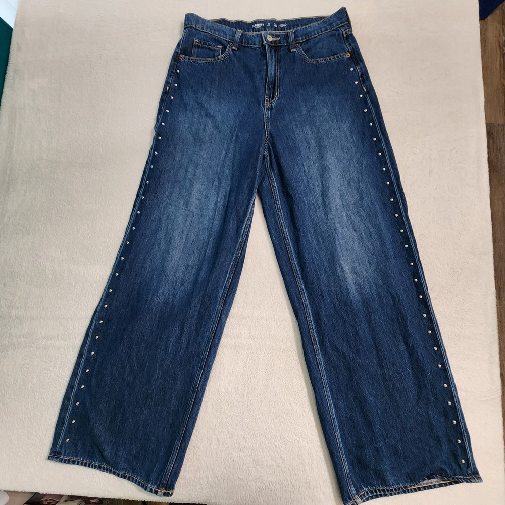 Old Navy Baggy Wide Leg Jeans Womens 12 Tall Blue Studded High Rise Flare 33x32